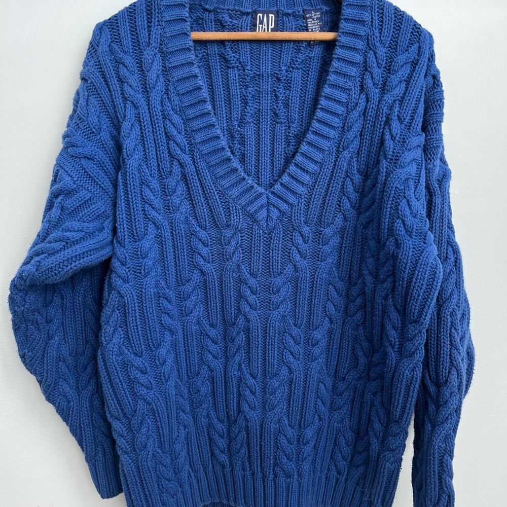Vintage GAP Preppy Blue Chunky Cable Knit Sweater V-Neck